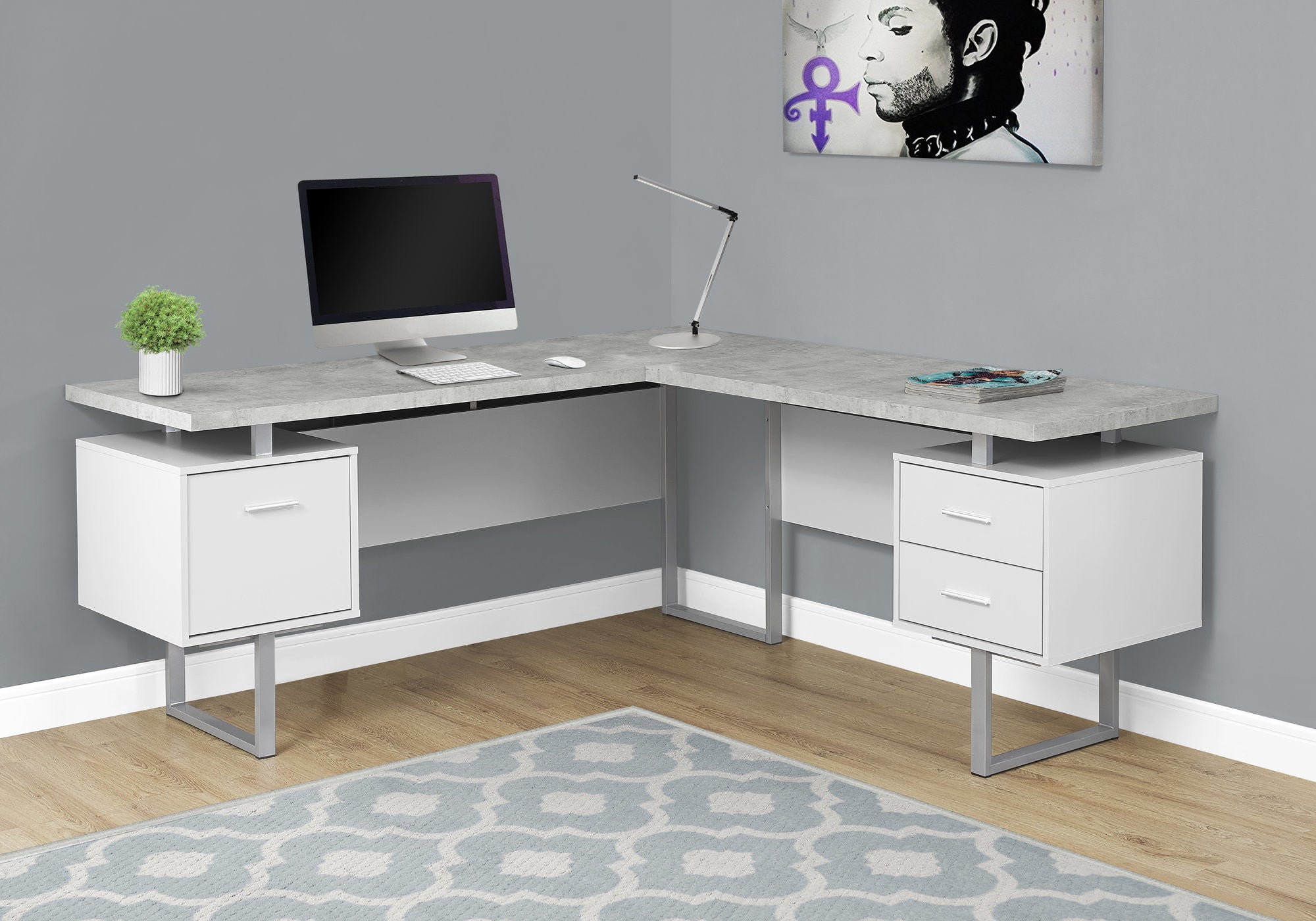 71" Gray and Silver L Shape Computer Desk With Three Drawers