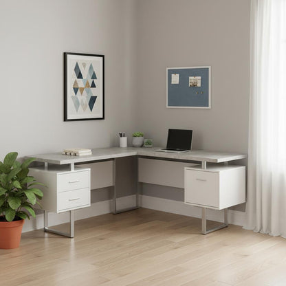 71" Gray and Silver L Shape Computer Desk With Three Drawers