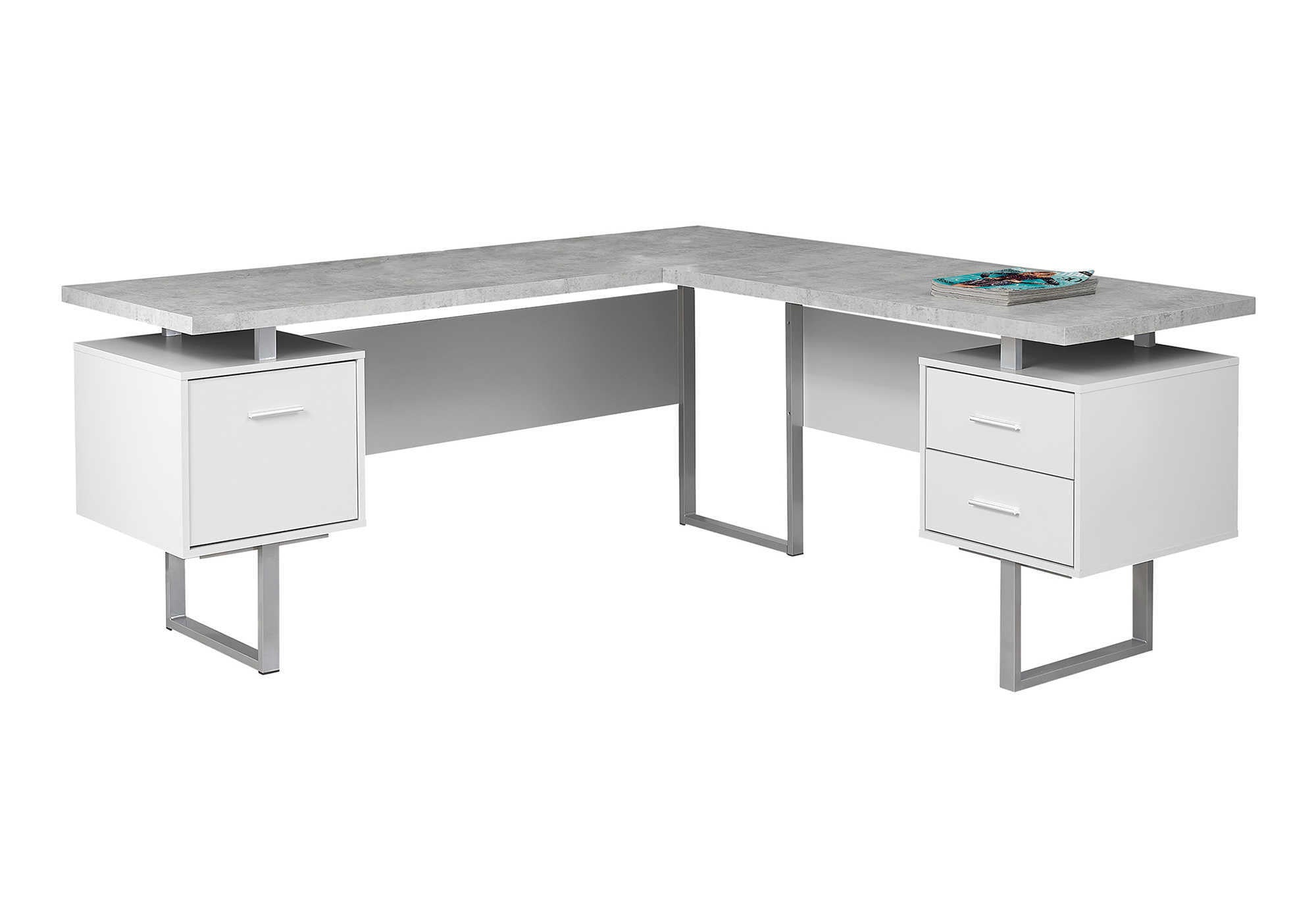 71" Gray and Silver L Shape Computer Desk With Three Drawers