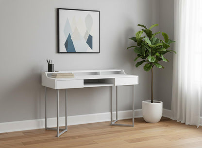 22" White and Silver Writing Desk With Two Drawers