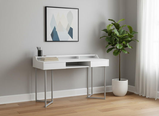 22" White and Silver Writing Desk With Two Drawers
