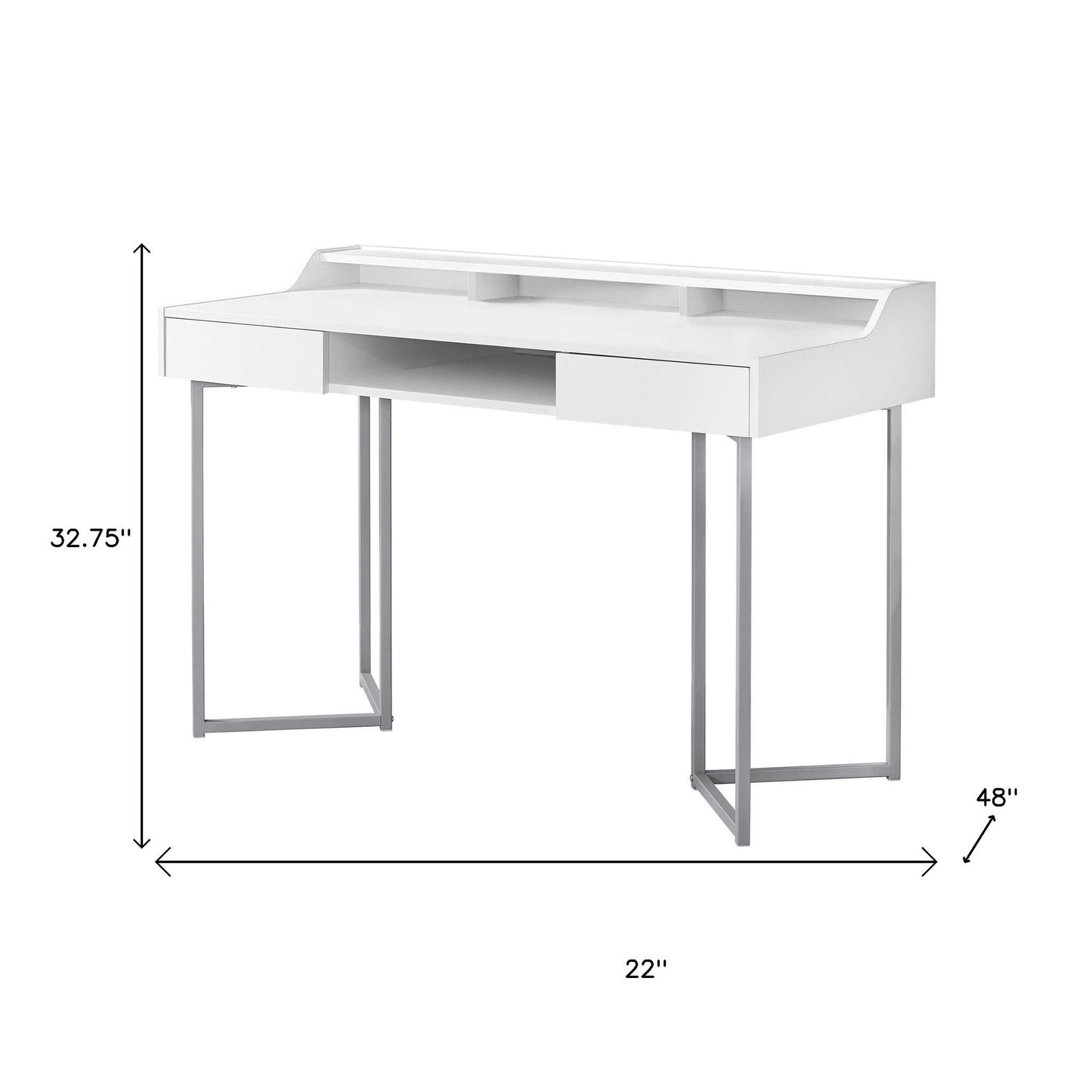 22" White and Silver Writing Desk With Two Drawers