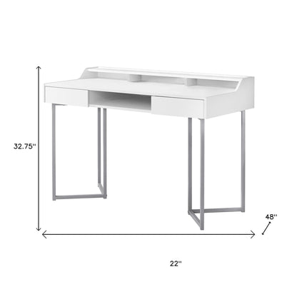 22" White and Silver Writing Desk With Two Drawers