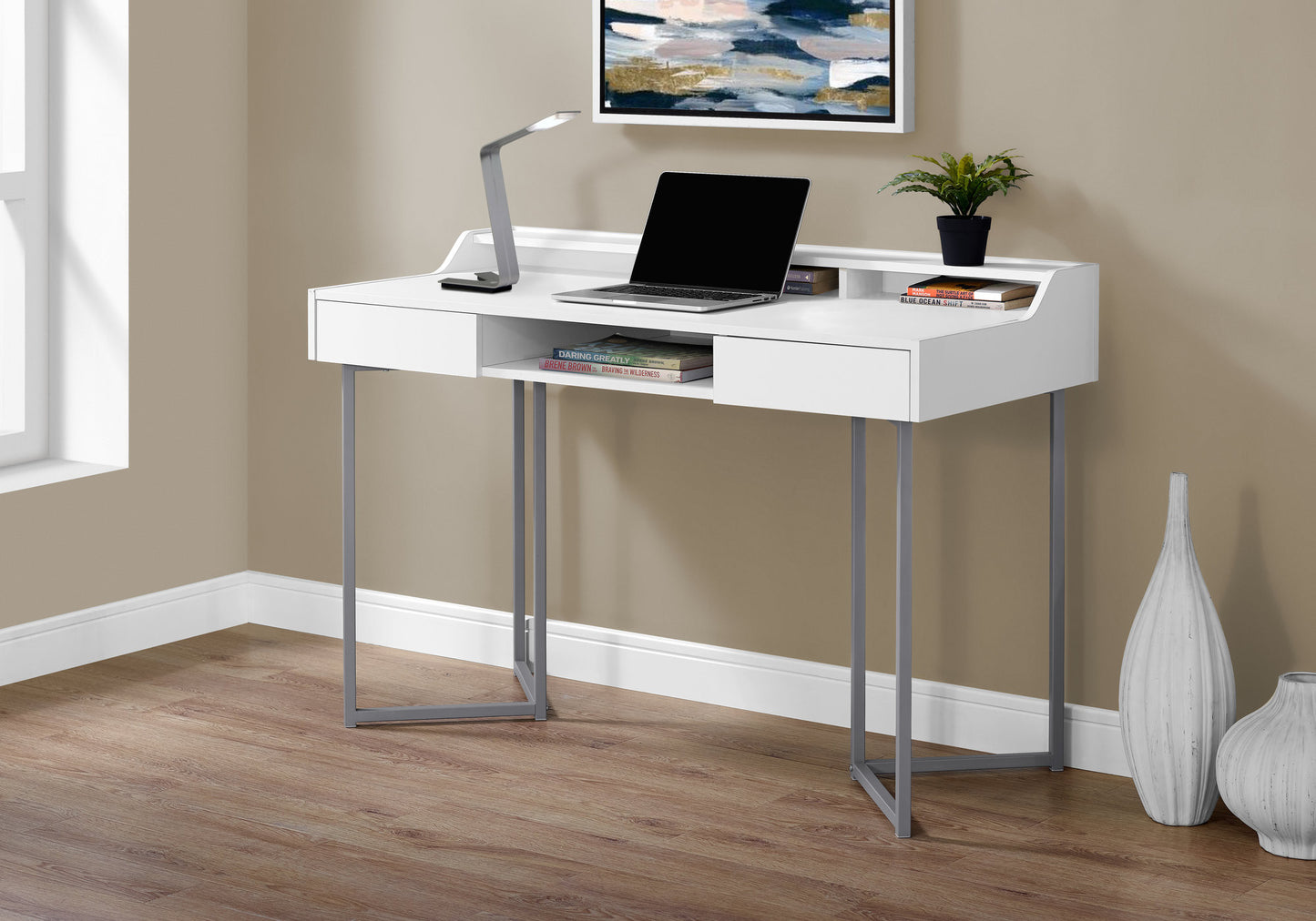 22" White and Silver Writing Desk With Two Drawers
