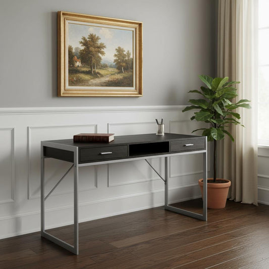 22" Dark Brown and Silver Computer Desk With Two Drawers