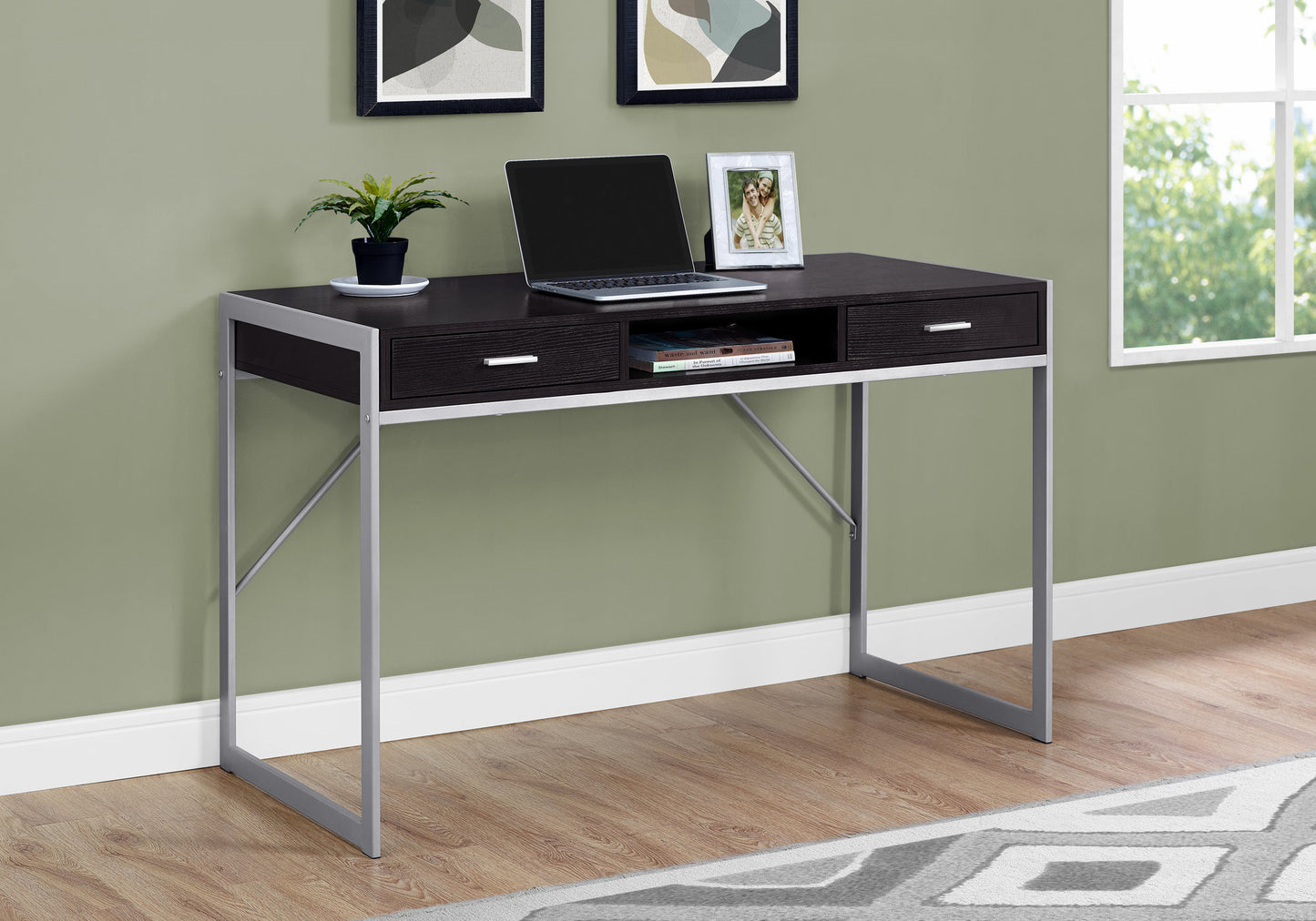 22" Dark Brown and Silver Computer Desk With Two Drawers
