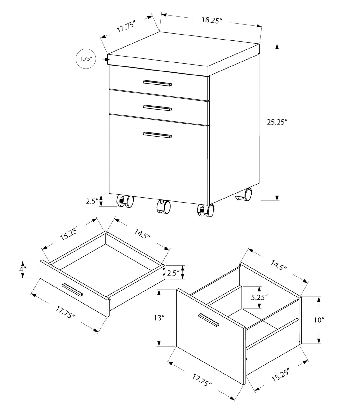 25" Grey Particle Board And Wood Filing Cabinet With Drawers
