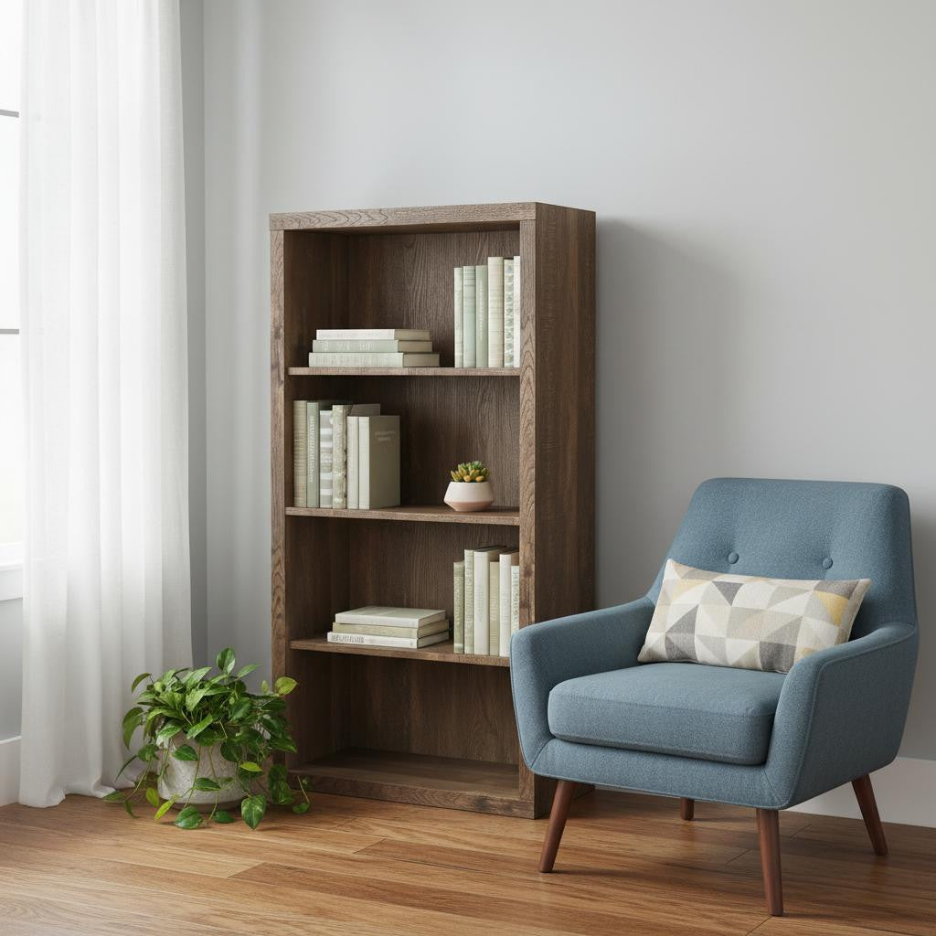 48" Brown Distressed Wood Adjustable Four Tier Bookcase