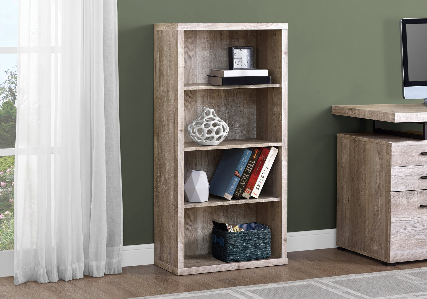 48" Taupe Distressed Wood Adjustable Four Tier Bookcase
