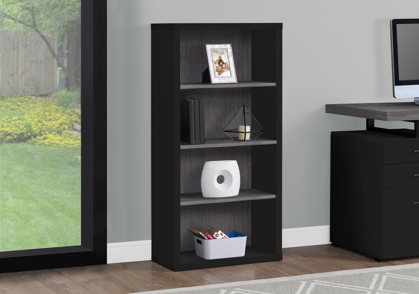 48" Black And Gray Distressed Wood Adjustable Four Tier Bookcase