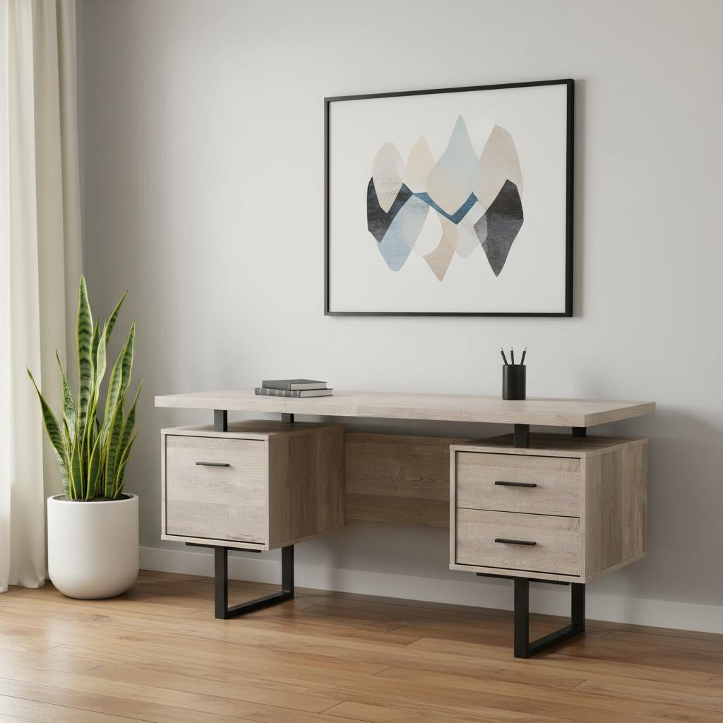 24" Taupe and Black Computer Desk With Three Drawers