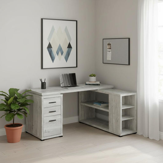 47" Gray L Shape Computer Desk With Three Drawers