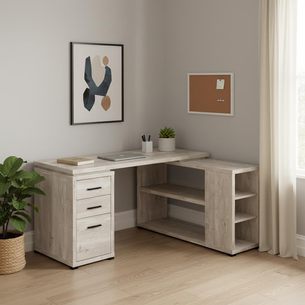 47" Taupe L Shape Computer Desk With Three Drawers
