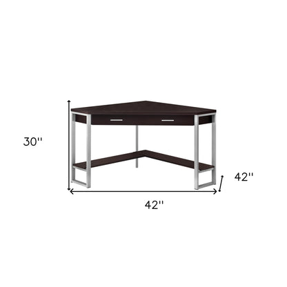 42" Dark Brown and Silver Corner Computer Desk