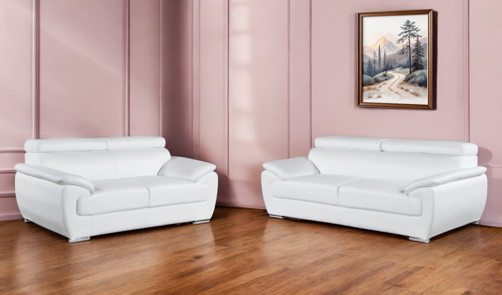 Two Piece Indoor White Genuine Leather Five Person Seating Set