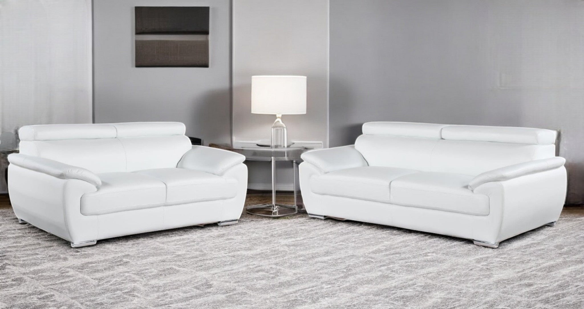 Two Piece Indoor White Genuine Leather Five Person Seating Set