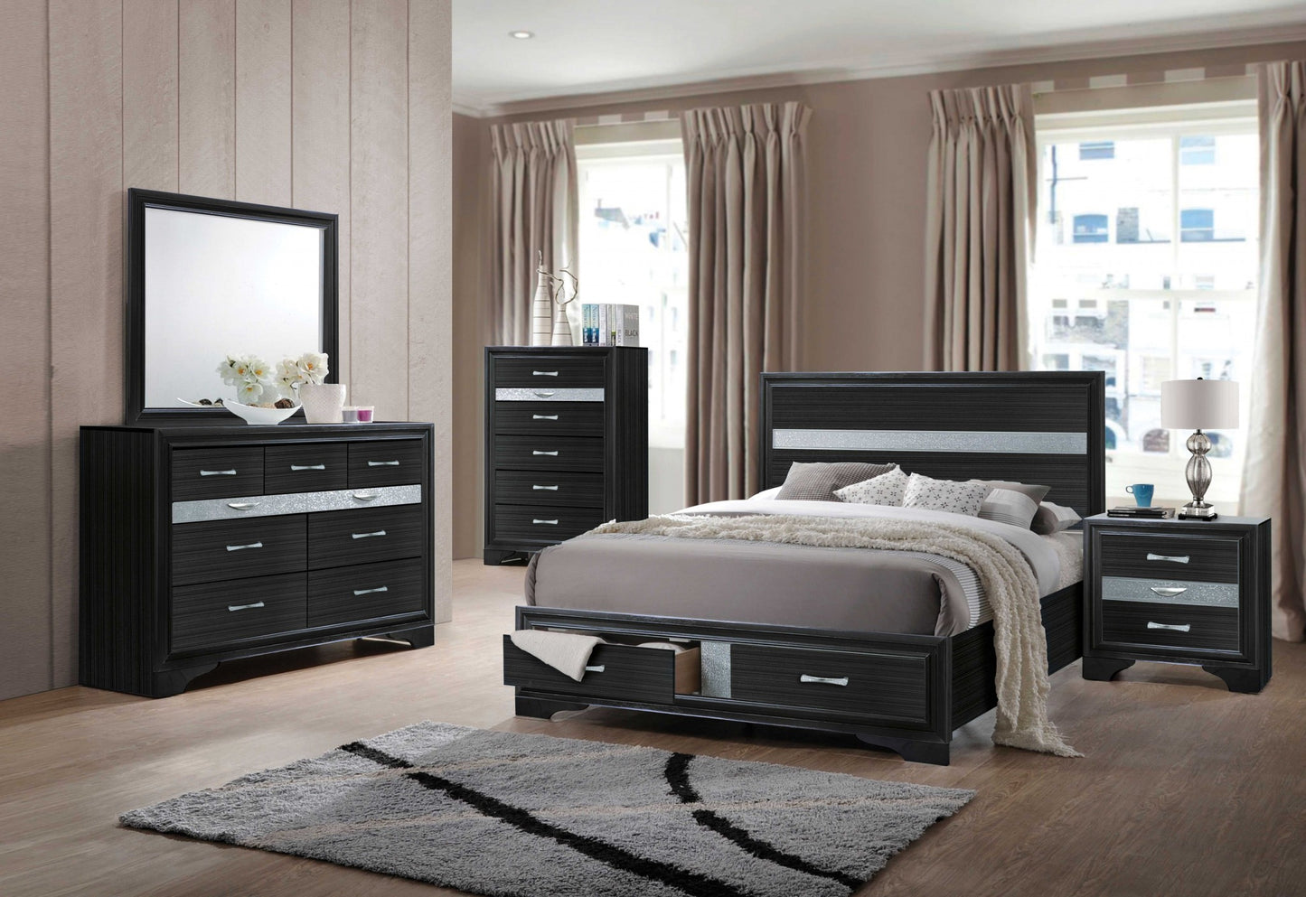 Black Gray and Silver Faux Crystal Bling Wood King Bed Frame With Two Drawers