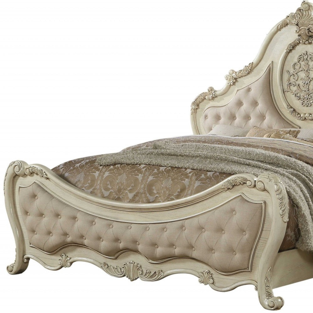 Beige Wood And Tufted Linen Queen Bed Frame With Nailhead Trim