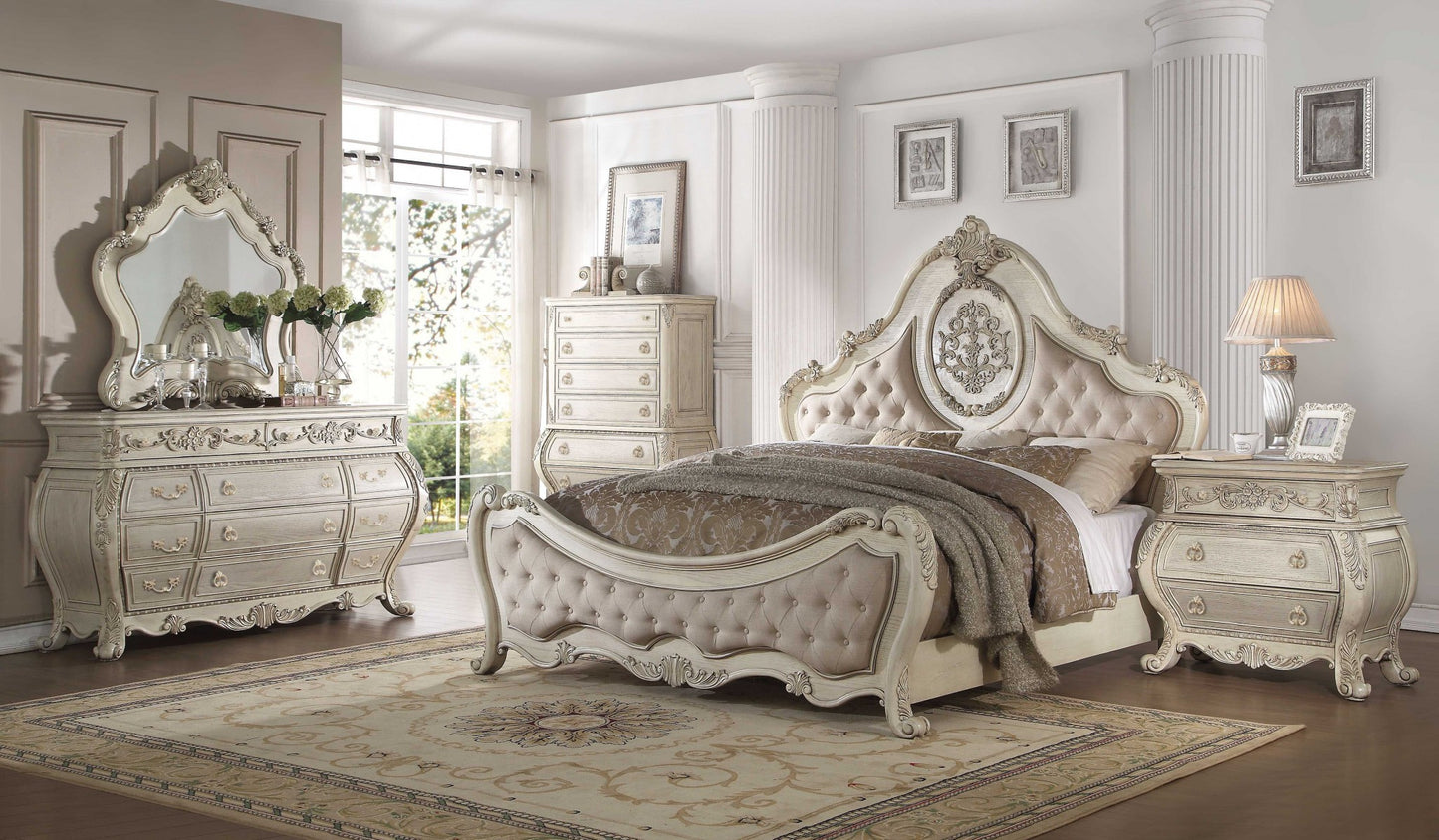 34" Antiqued White Solid Wood Three Drawer Nightstand