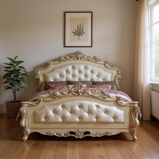 Antiqued White Wood And Tufted Silk Queen Bed Frame With Nailhead Trim