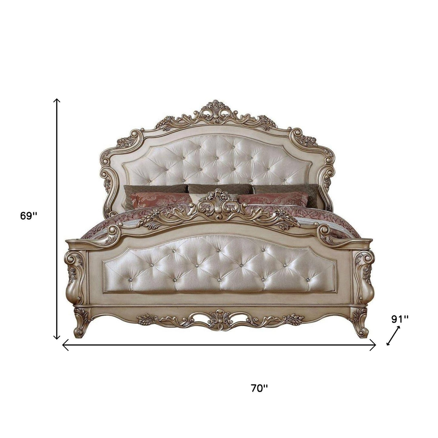 Antiqued White Wood And Tufted Silk Queen Bed Frame With Nailhead Trim