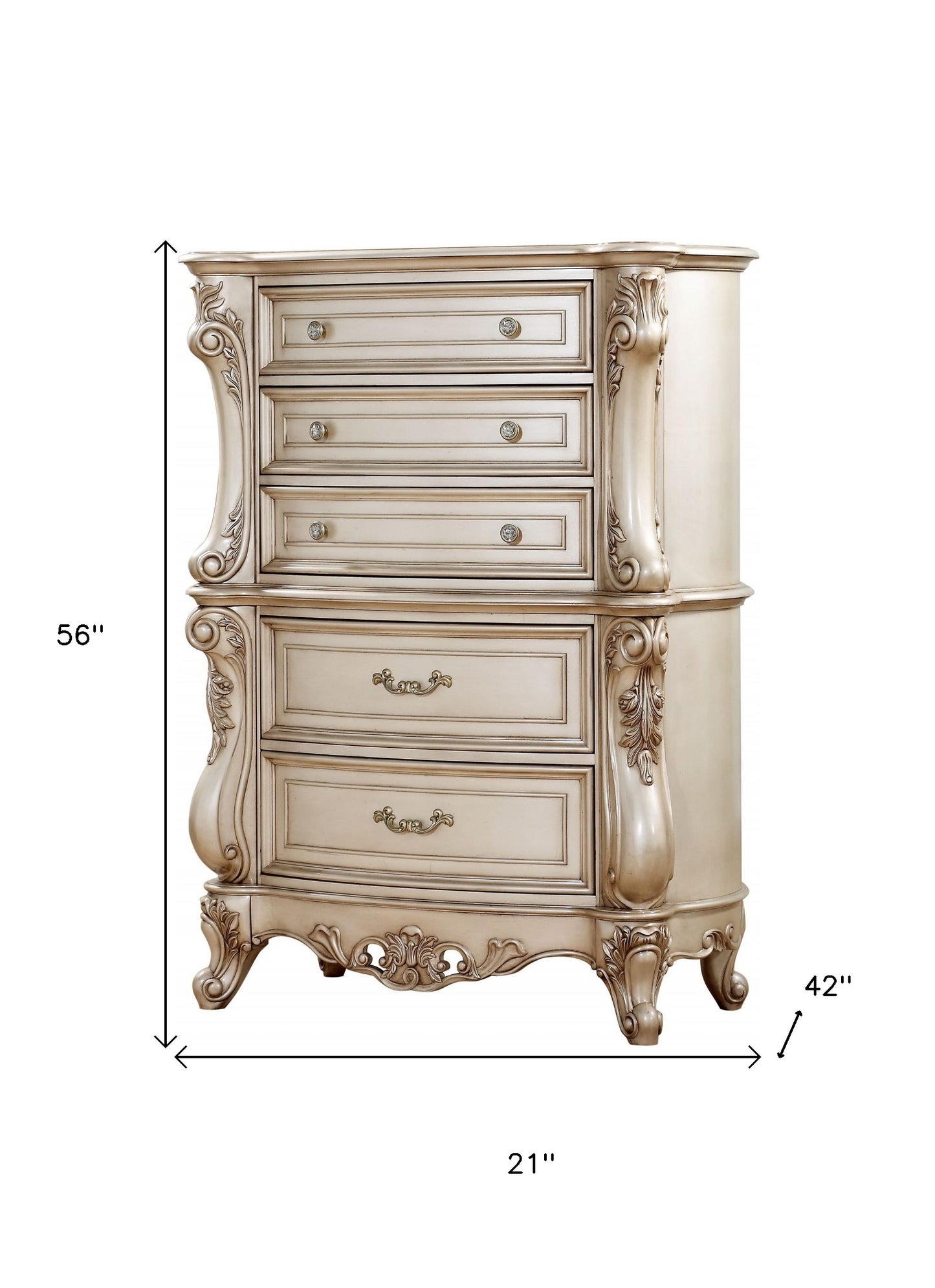 21" Antiqued White Wood Five Drawer Dresser
