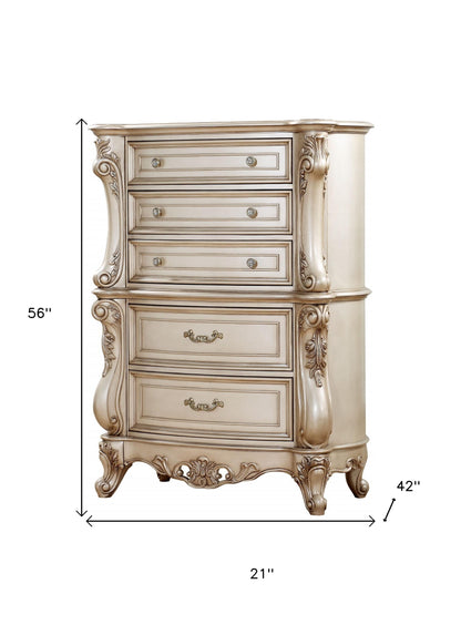 21" Antiqued White Wood Five Drawer Dresser