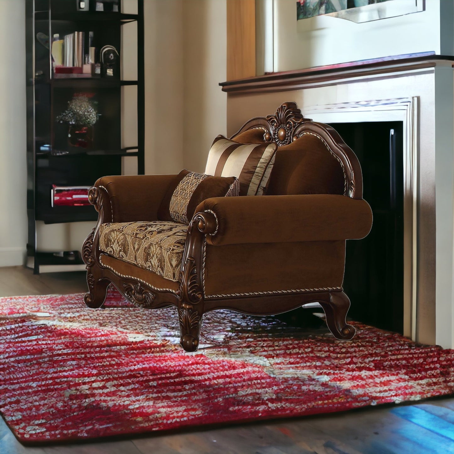 37" Brown Velvet Floral Club Chair And Toss Pillows