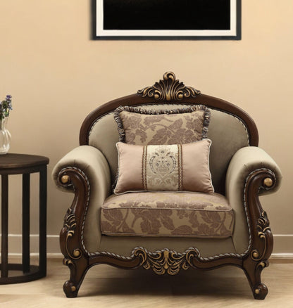38" Beige and Brown Velvet Floral Arm Chair And Toss Pillows