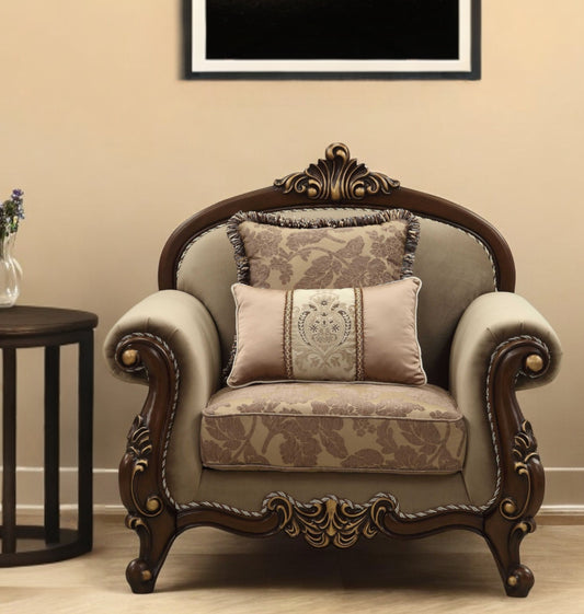 38" Beige and Brown Velvet Floral Arm Chair And Toss Pillows