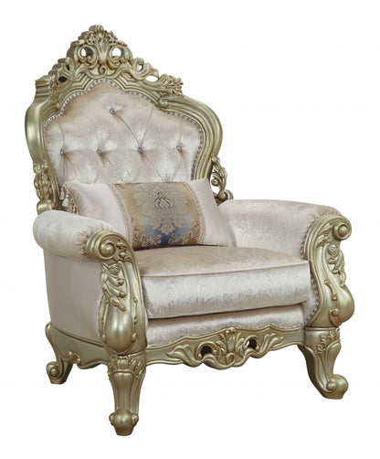 40" Cream and Antiqued White Fabric Damask Tufted Arm Chair And Toss Pillow