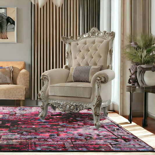 38" Pearl Fabric Striped Tufted Chesterfield Chair And Toss Pillow