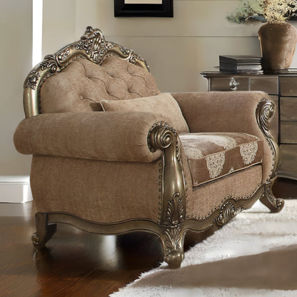 35" Brown and Champagne Linen Damask Tufted Arm Chair And Toss Pillow