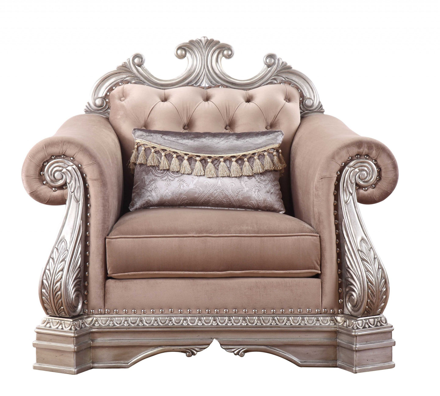 42" Cherry Blossom Pink and Silver Velvet Tufted Arm Chair And Toss Pillow