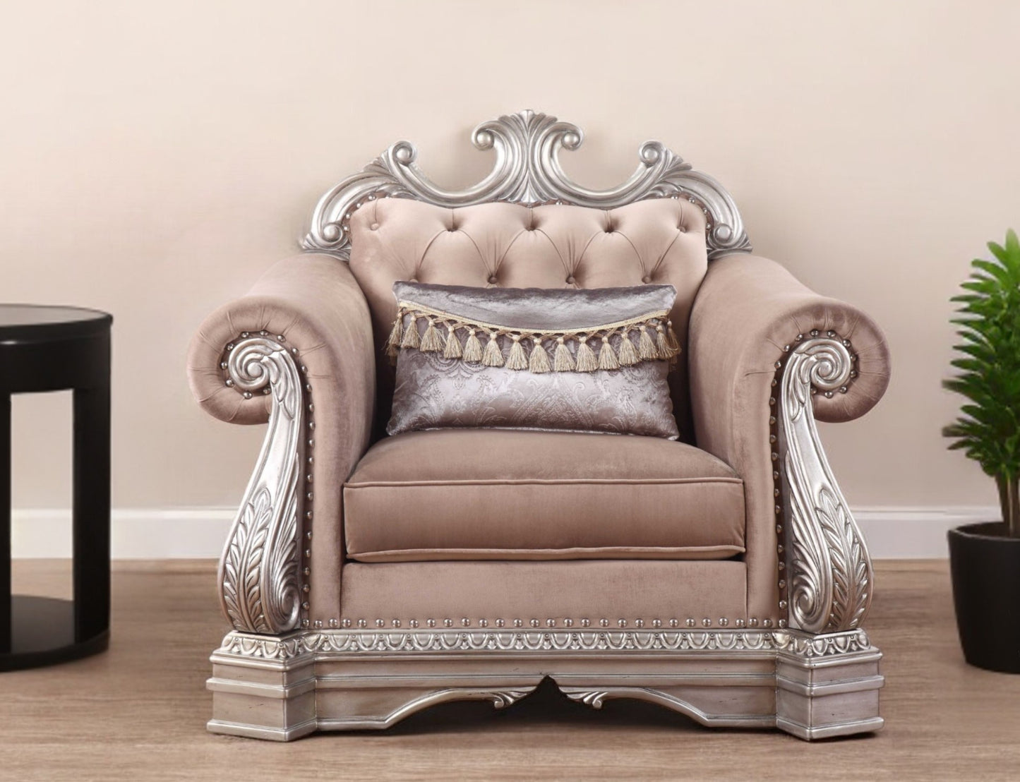 42" Cherry Blossom Pink and Silver Velvet Tufted Arm Chair And Toss Pillow