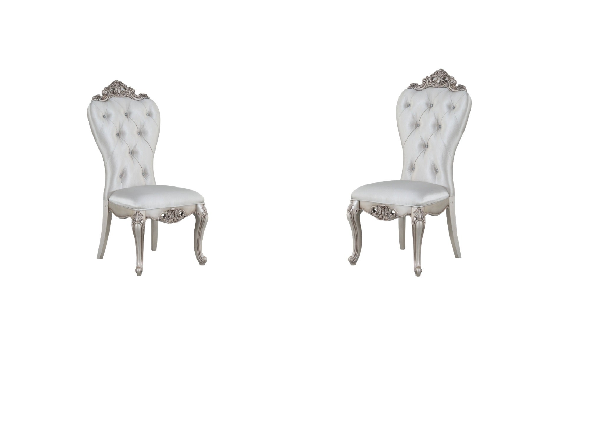 Set of Two Cream and Antiqued White Upholstered Fabric Queen Anne Back Dining Side Chairs