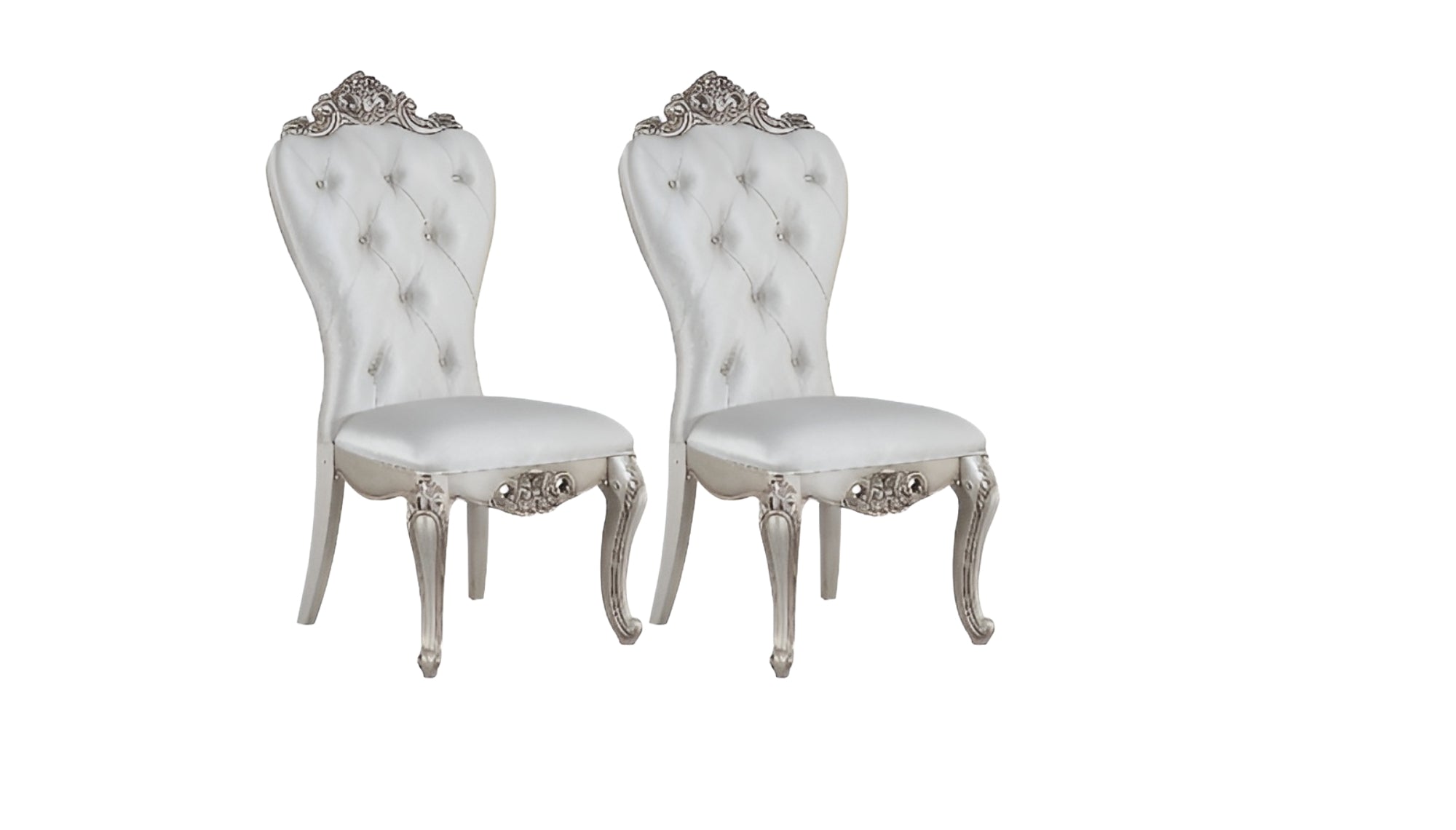 Set of Two Cream and Antiqued White Upholstered Fabric Queen Anne Back Dining Side Chairs