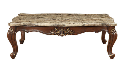 34" Brown and Dark Brown Faux Marble And Solid Wood Free Form Coffee Table