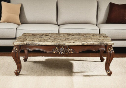 34" Brown and Dark Brown Faux Marble And Solid Wood Free Form Coffee Table