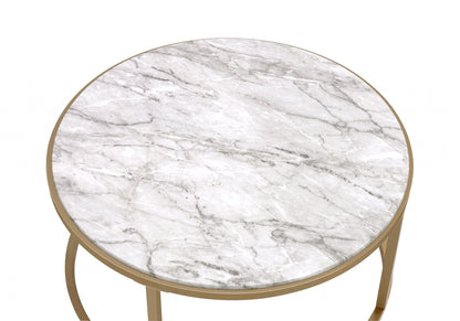 Set of Two Clear White and Gold Glass And Faux Marble And Iron Round Frame Nested Coffee Tables