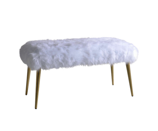 18" White and Gold Upholstered Faux Fur Bench