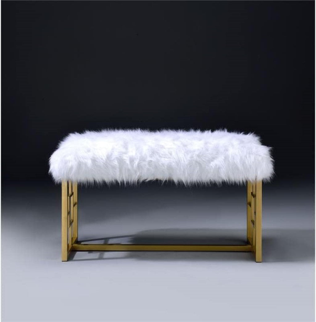18" White and Gold Faux Fur And Metal Bench