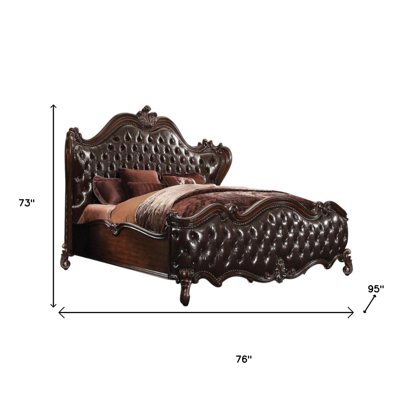 Solid Wood Queen Tufted Dark Brown Upholstered Faux Leather Bed With Nailhead Trim