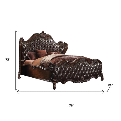 Solid Wood Queen Tufted Dark Brown Upholstered Faux Leather Bed With Nailhead Trim