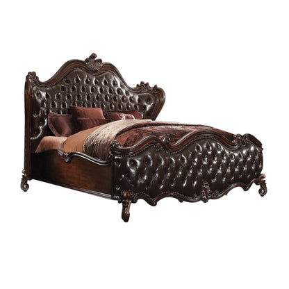 Solid Wood Queen Tufted Dark Brown Upholstered Faux Leather Bed With Nailhead Trim