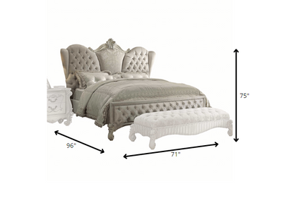 Ivory and White Solid Wood And Tufted Velvet Bed Frame With Nailhead Trim