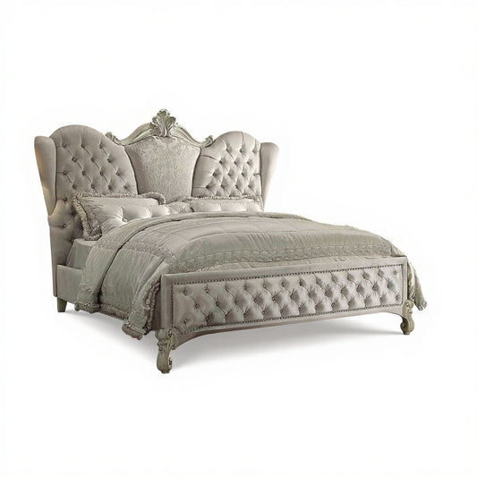 Ivory Solid Wood Queen Tufted Upholstered Velvet Bed Frame with Nailhead Trim