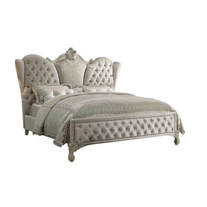 Ivory Solid Wood Queen Tufted Upholstered Velvet Bed Frame with Nailhead Trim