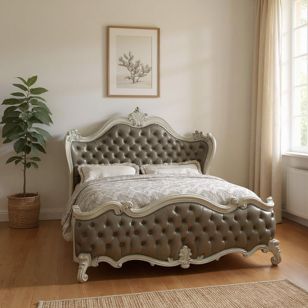Gray and Bone Carved Scrollwork Solid Wood And Tufted Faux Leather Queen Bed Frame With Nailhead Trim