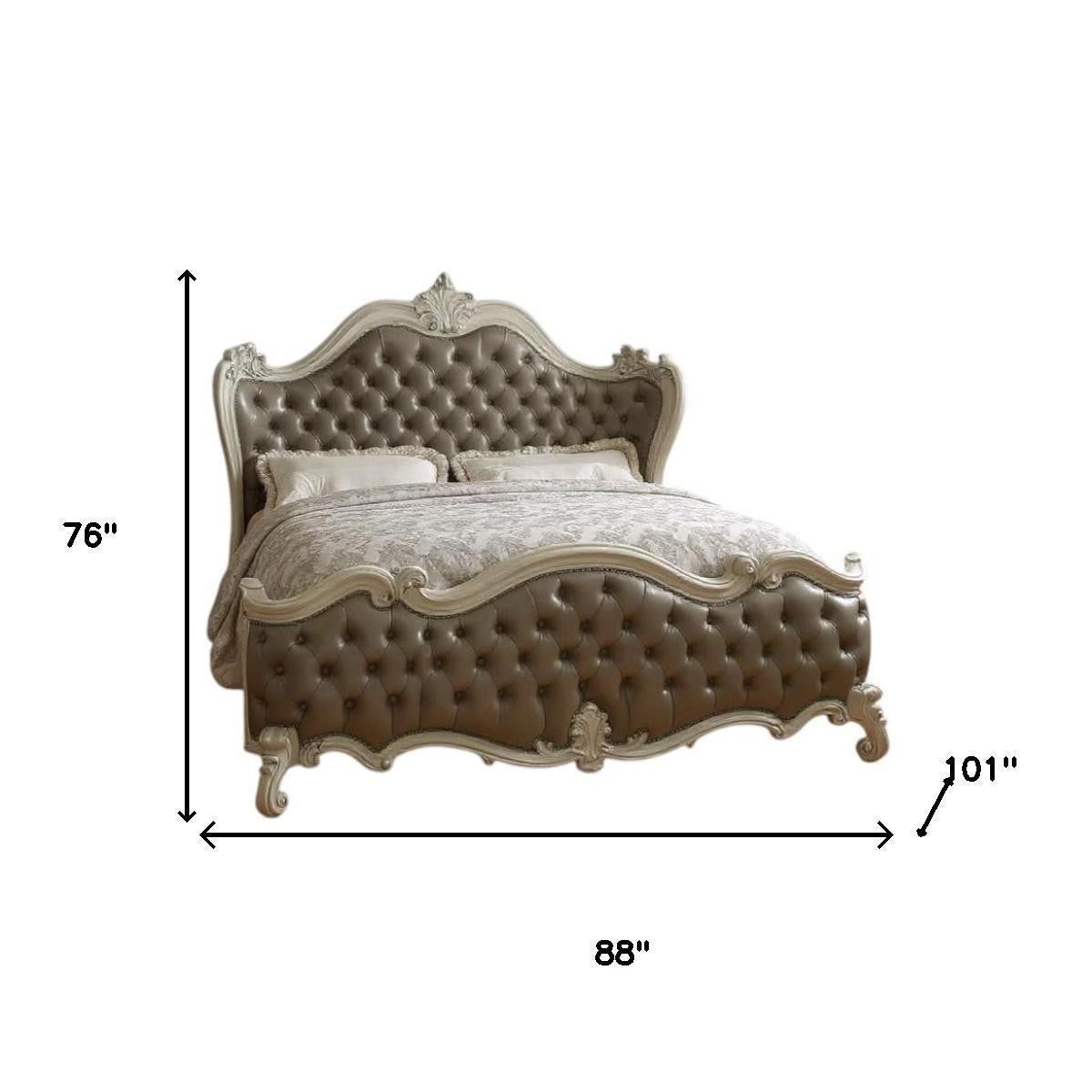 Gray and Bone Carved Scrollwork Solid Wood And Tufted Faux Leather Queen Bed Frame With Nailhead Trim